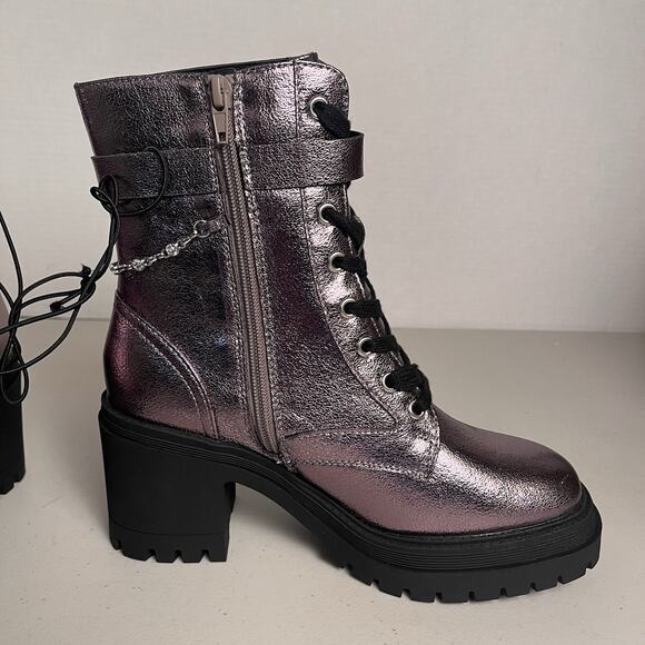 Pop Combat Boots Metallic Purple Lug Sole Heeled Lace Up Chain Punk Size 7 $90 - Picture 6 of 14